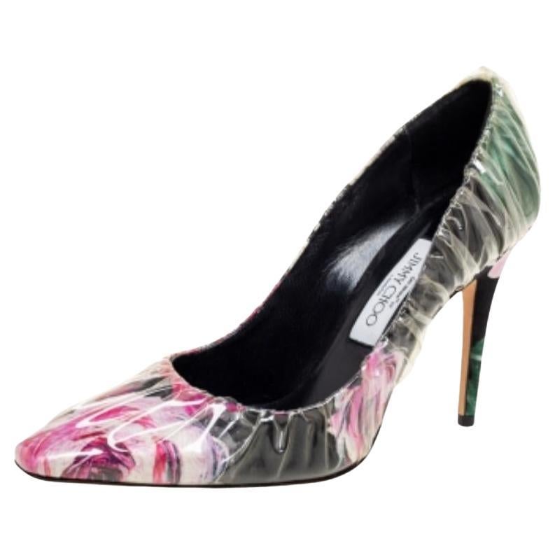 Jimmy Choo Multicolor PVC And Satin  Floral Jacquard Pumps Size 39 For Sale