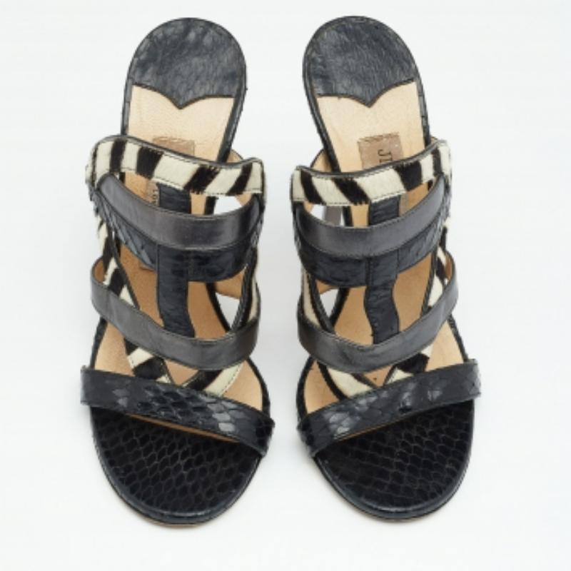 Jimmy Choo Multicolor Python/Kalbshaar und Leder Sandalen Größe 35.5 (Schwarz) im Angebot