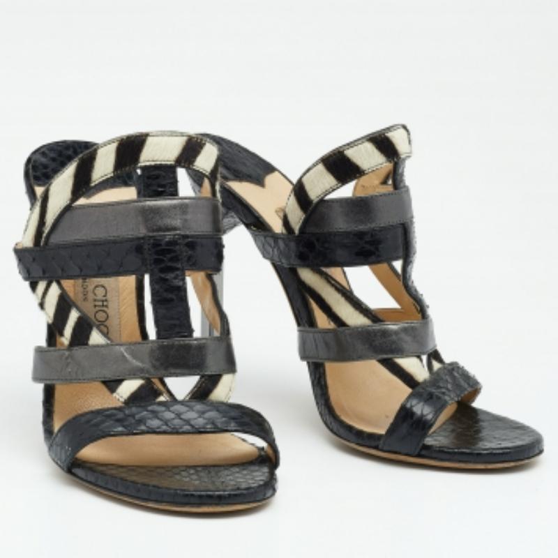 Jimmy Choo Multicolor Python/Kalbshaar und Leder Sandalen Größe 35.5 im Zustand „Gut“ im Angebot in Dubai, Al Qouz 2