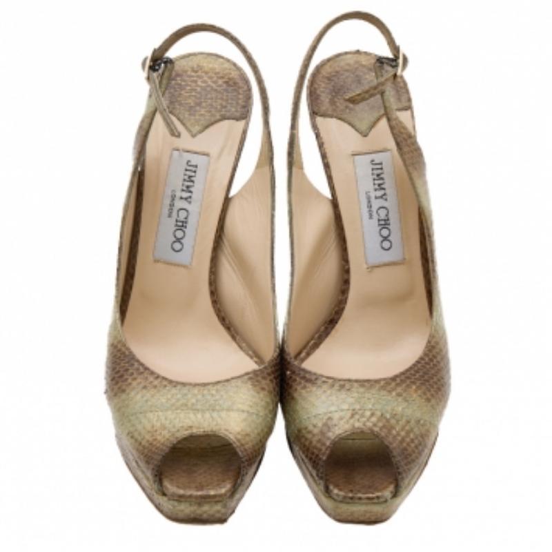 Jimmy Choo Multicolor Python geprägte Leder Peep Toe Slingback Sandalen Größe 38 im Zustand „Gut“ im Angebot in Dubai, Al Qouz 2