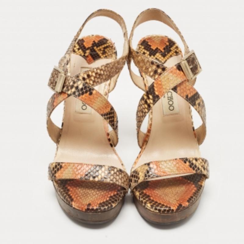 Jimmy Choo Multicolor Python Leder Knöchelriemen Sandalen Größe 37 (Braun) im Angebot