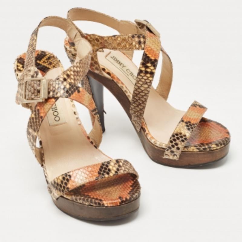 Jimmy Choo Multicolor Python Leder Knöchelriemen Sandalen Größe 37 im Zustand „Gut“ im Angebot in Dubai, Al Qouz 2