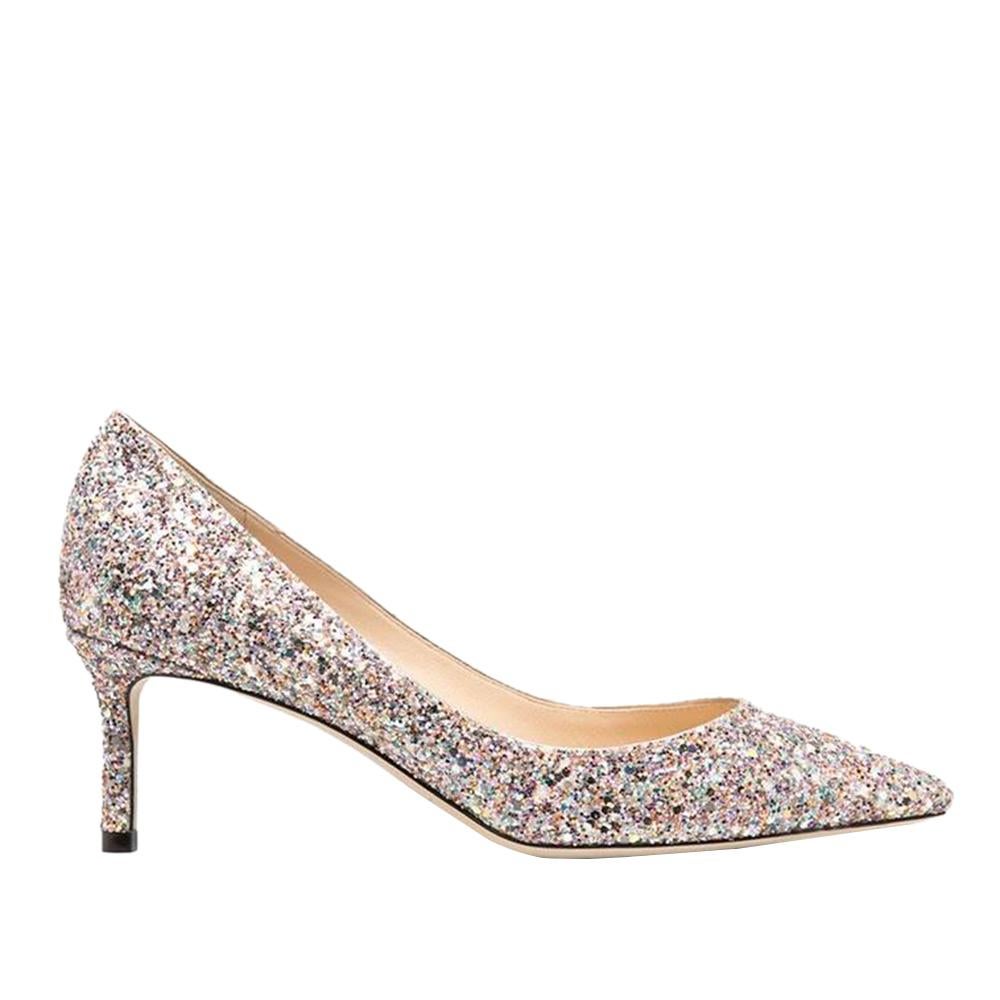 Let your feet do the talking with this pair of Romy pumps from the house of Jimmy Choo. The pair features a multicolored glitter surface with pointed toes and high heels. Style with dresses and gowns for a modish look.

Includes: Original Packaging
