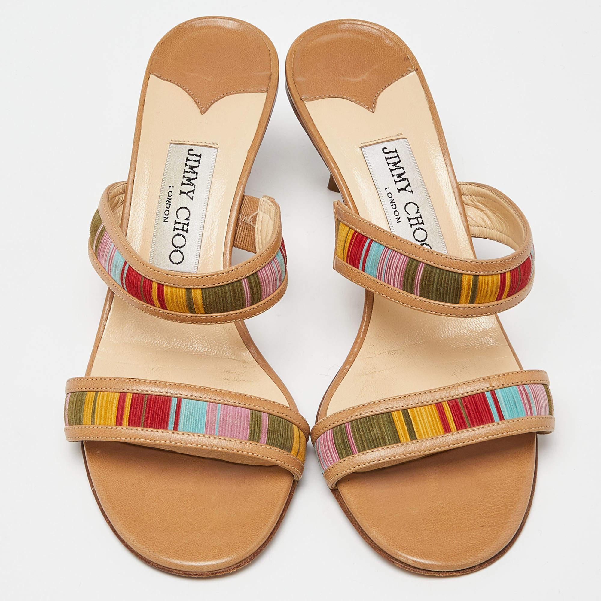Marron Jimmy Choo Sandales Slide en cuir et daim multicolores Taille 37 en vente