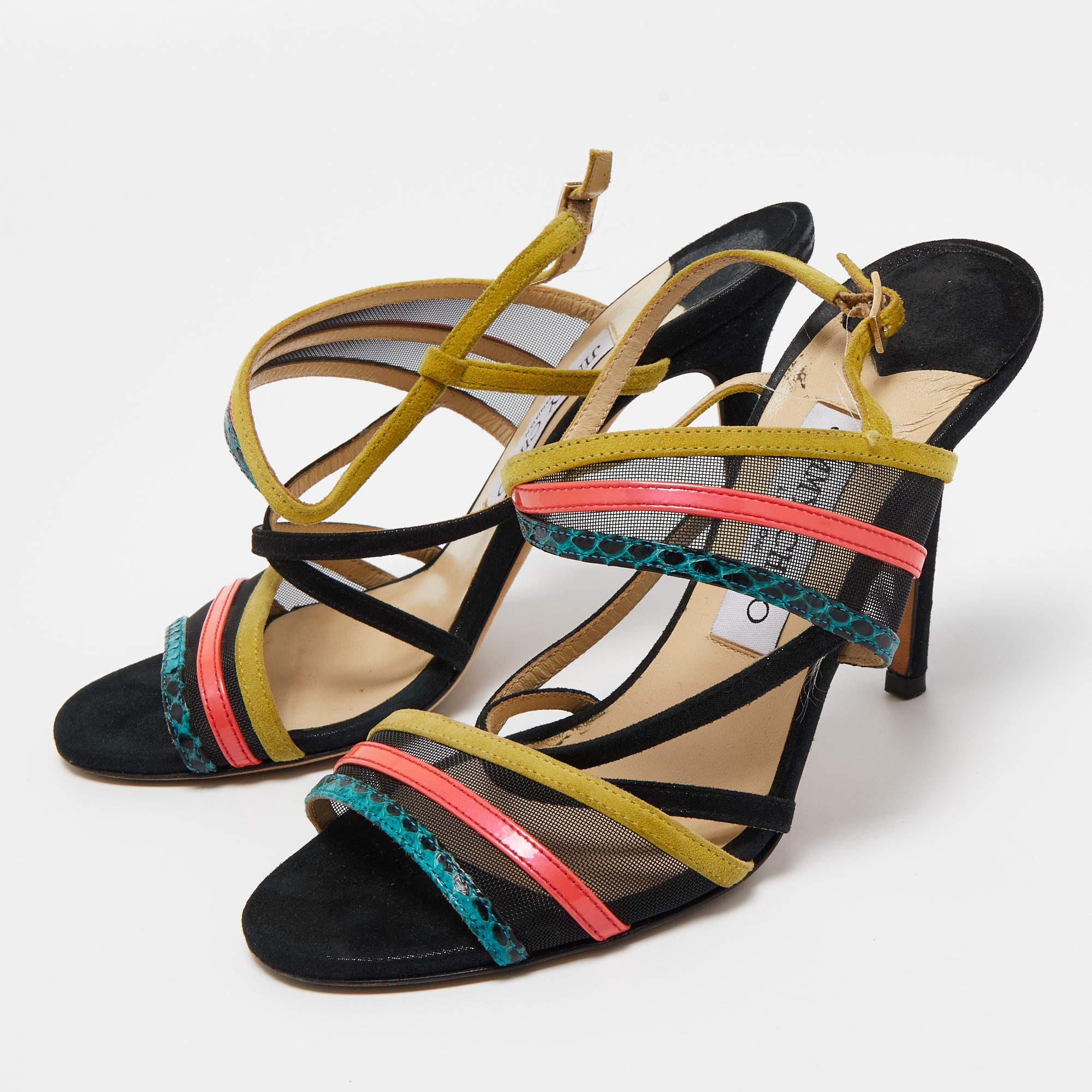 Jimmy Choo Multicolor Suede and Mesh Ankle Strap Sandals Size 36.5 In Good Condition For Sale In Dubai, Al Qouz 2