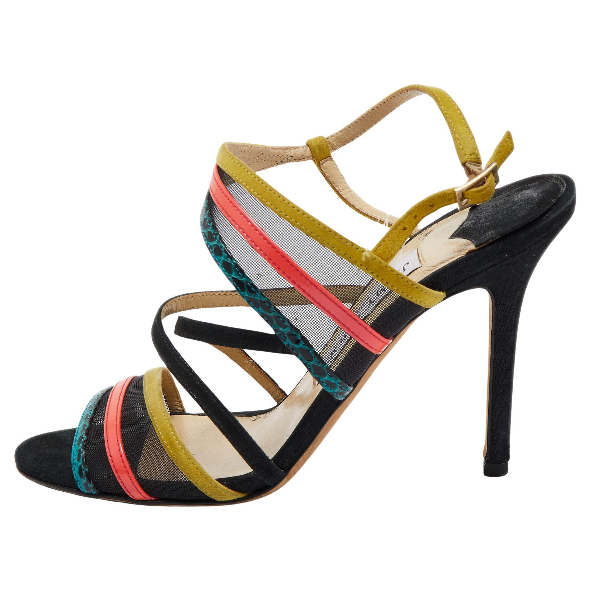 Jimmy Choo Multicolor Suede and Mesh Ankle Strap Sandals Size 36.5 For Sale