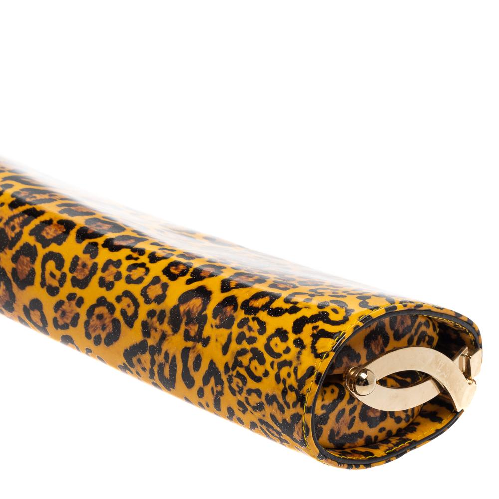 Jimmy Choo Mustard/Black Leopard Print Patent Vinyl Twill Tube Clutch In Good Condition In Dubai, Al Qouz 2