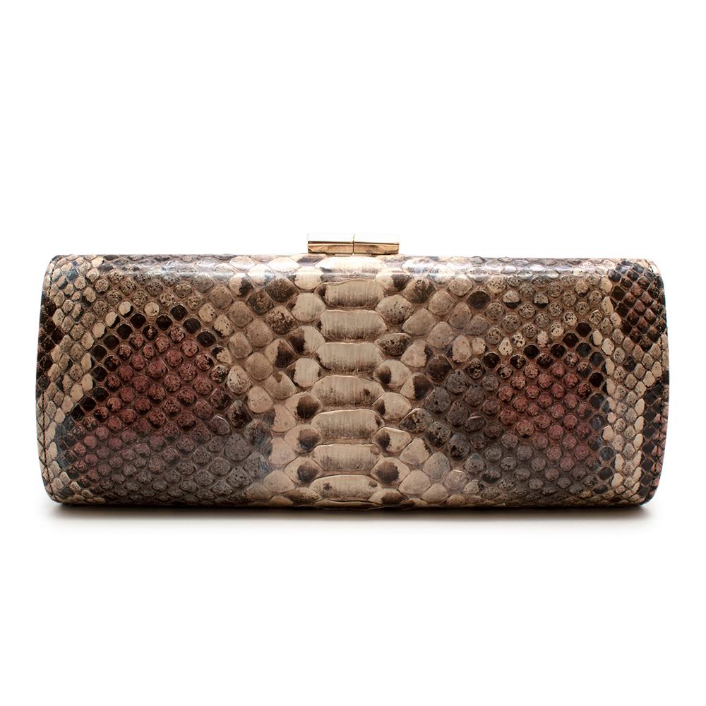 Jimmy Choo Natural Python Clasp Clutch

- Made of luxurious python skin 
- Classic style 
- Natural hue with pink and Blue dying details 
- Clasp fastening to the top 
- Branded gold tone hardware 
- Satin lining 
- Timeless minimal design