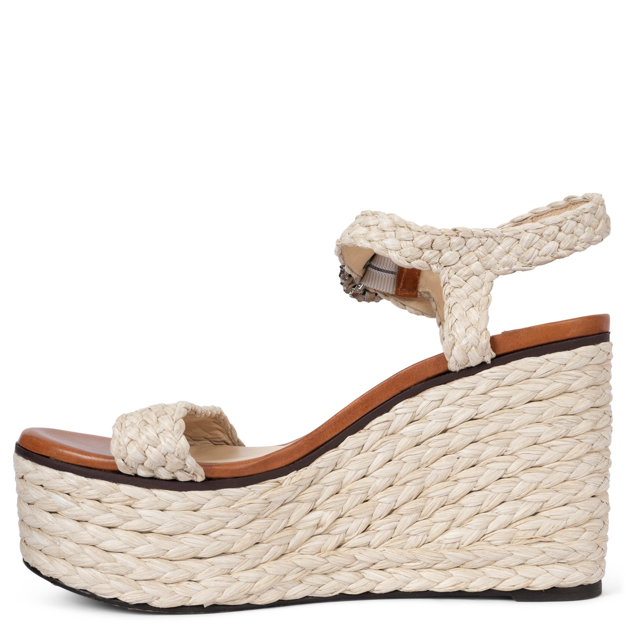 Beige JIMMY CHOO natural raffia NYLAH 100 Platform Wedge Sandals Shoes 42 fit 41 For Sale
