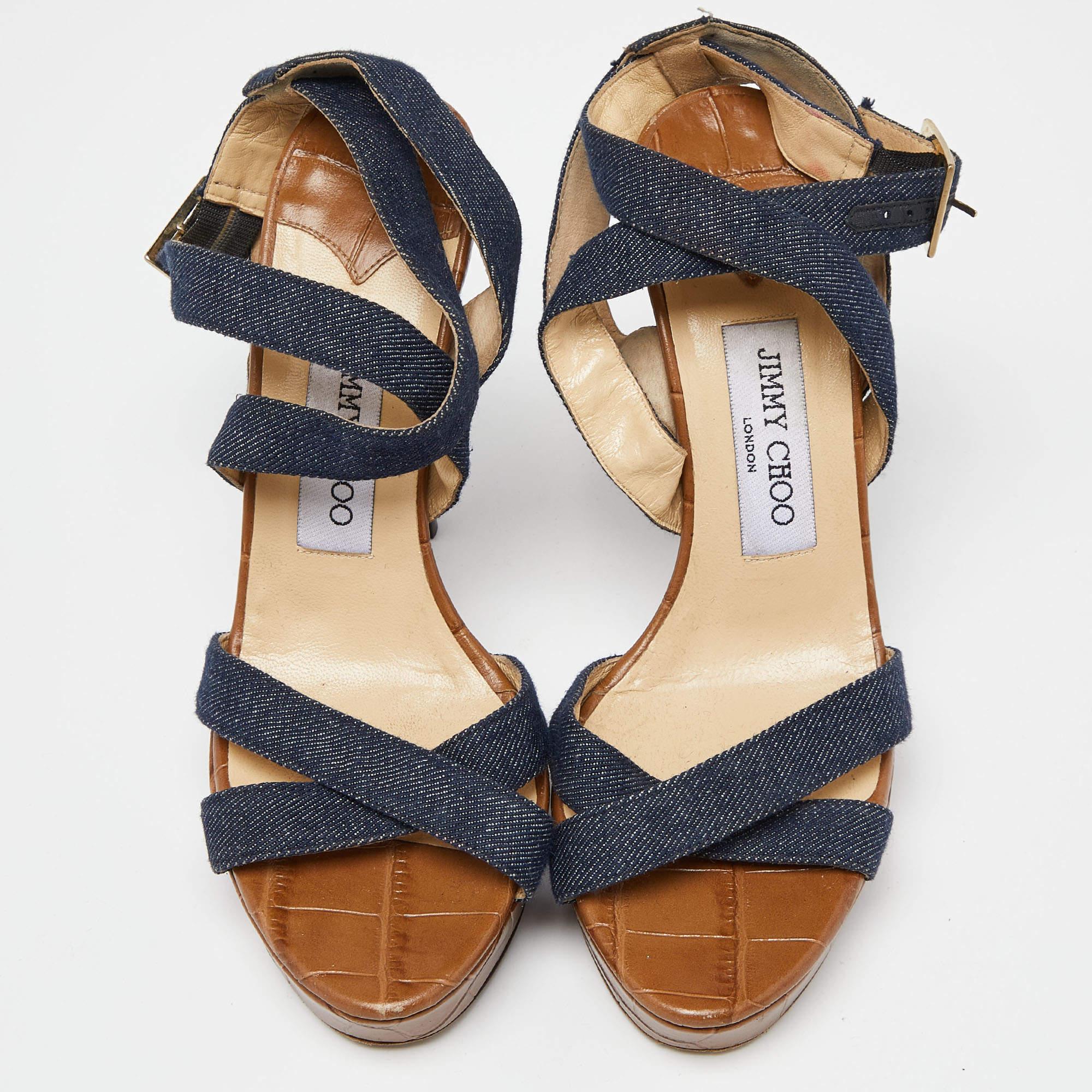 Black Jimmy Choo Navy Blue Denim Vamp Platform Sandals Size 38