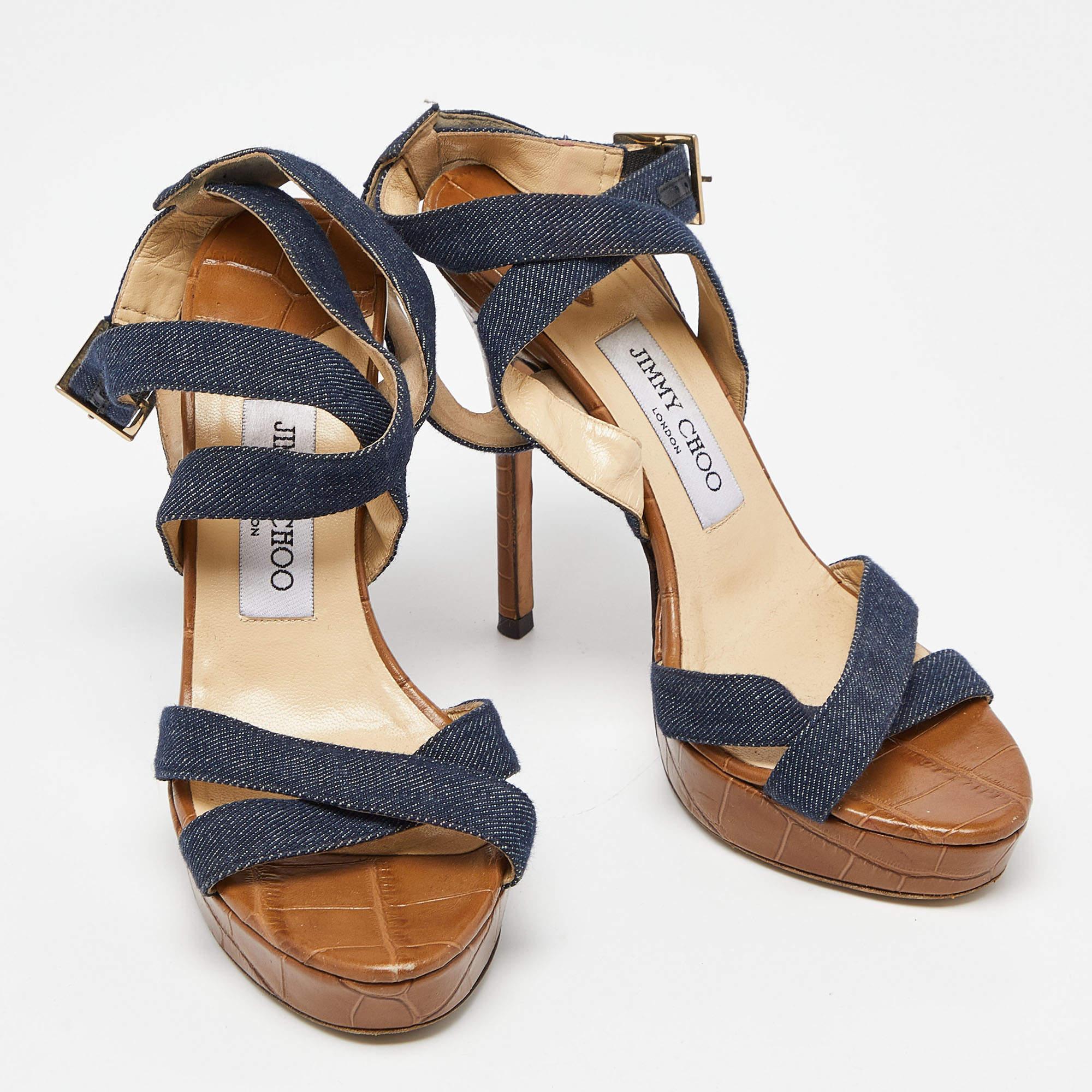 Jimmy Choo Navy Blue Denim Vamp Platform Sandals Size 38 In Good Condition In Dubai, Al Qouz 2