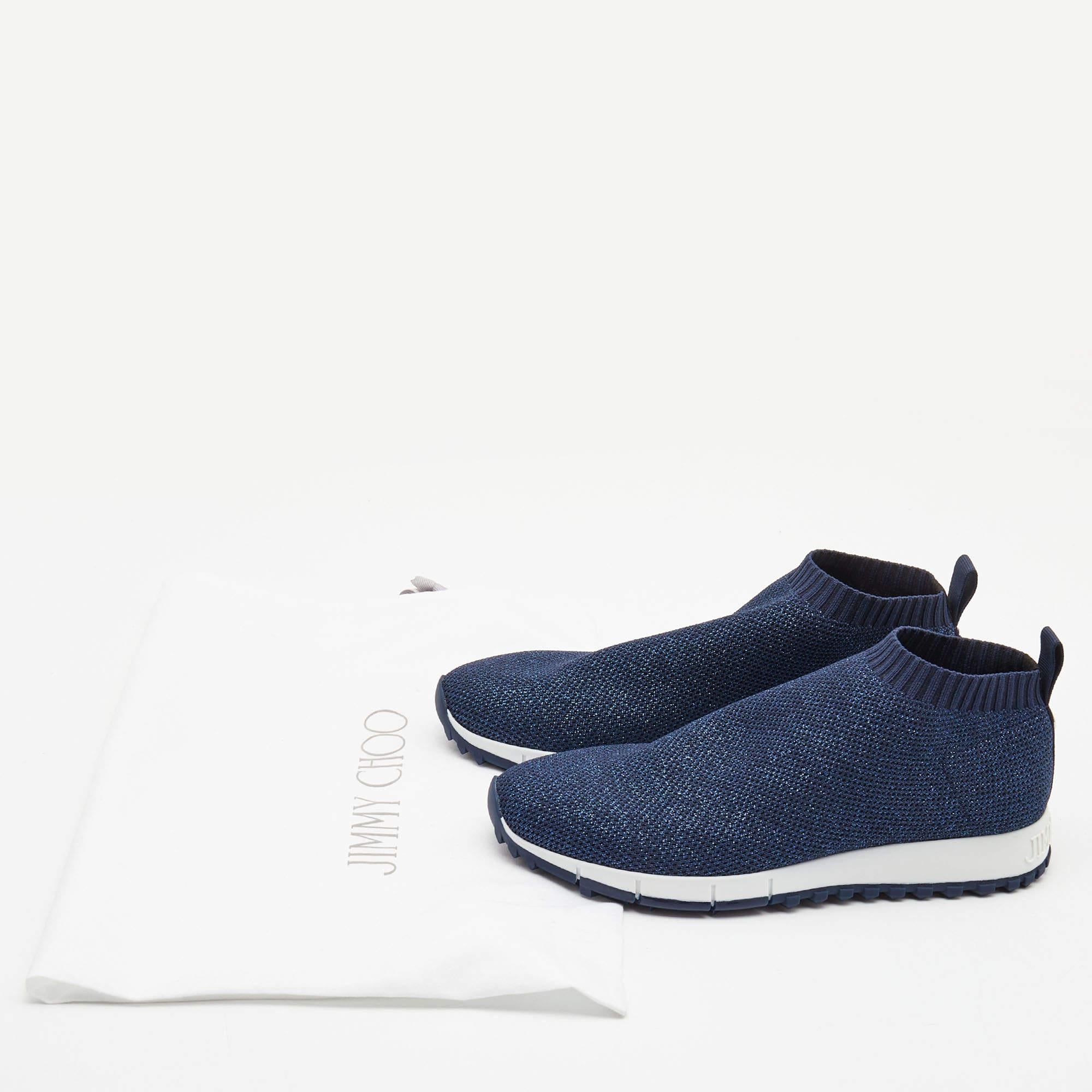 Jimmy Choo Navy Blue Glitter Fabric Low Top Sneakers Size 36.5 2