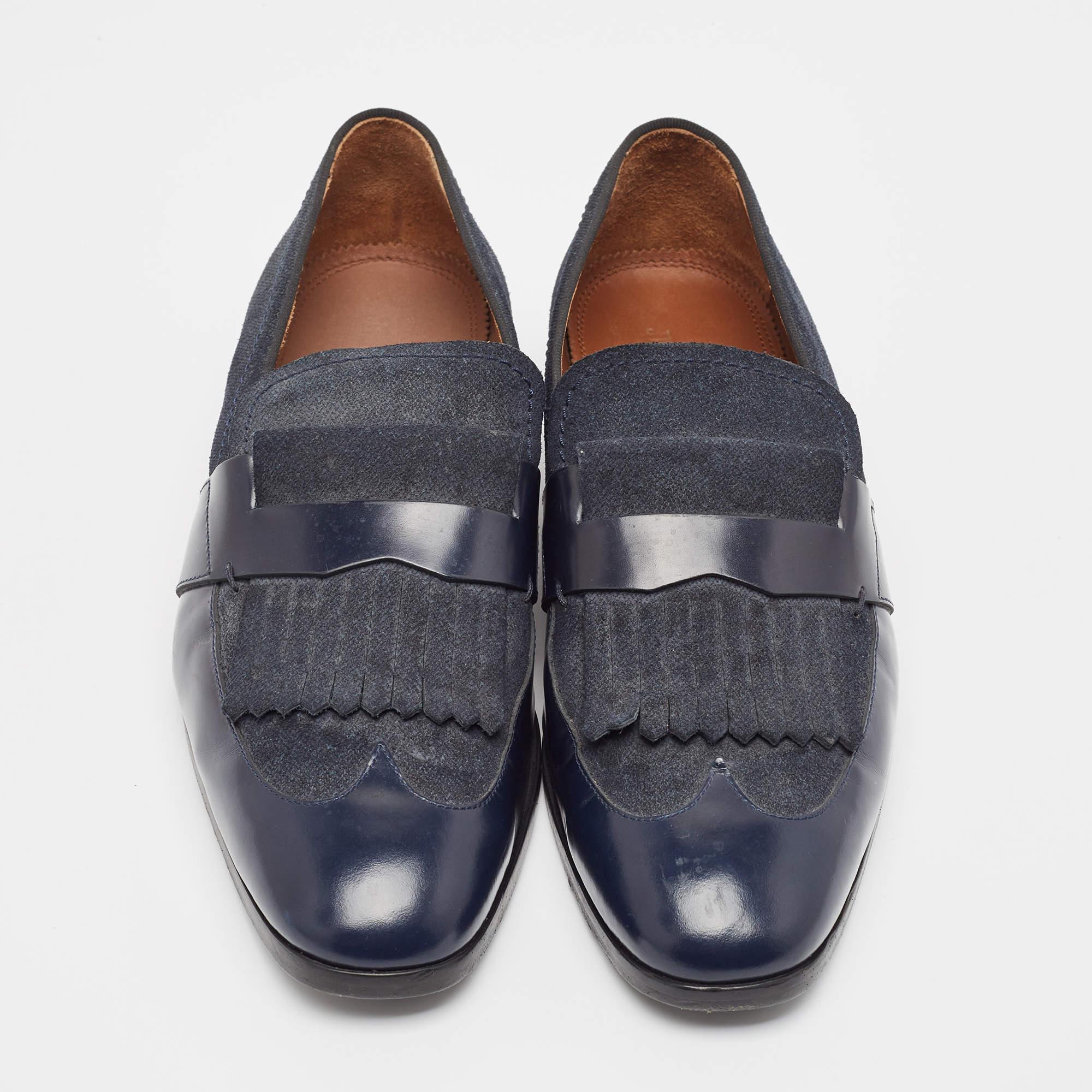 Black Jimmy Choo Navy Blue Leather and Denim Loafers Size 45 For Sale