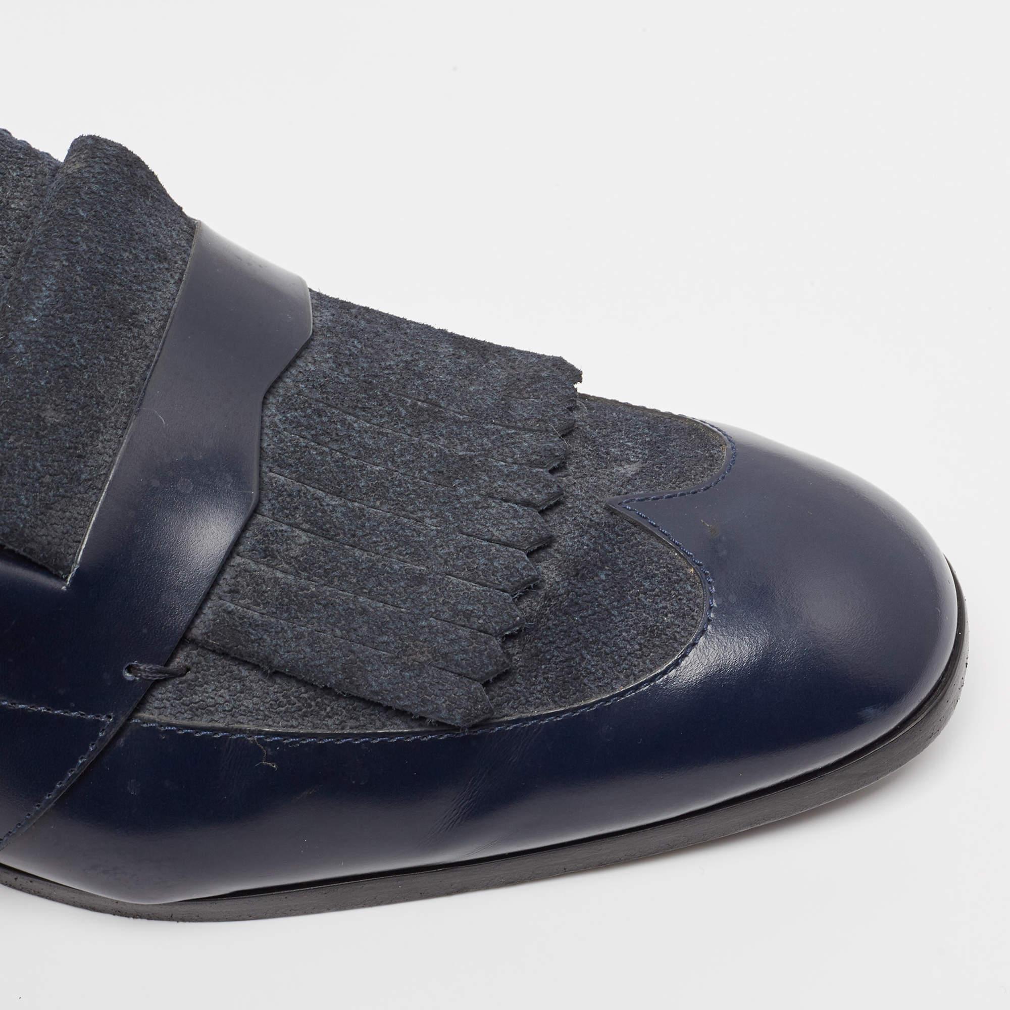 Jimmy Choo Navy Blue Leather and Denim Loafers Size 45 For Sale 2