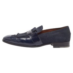 Jimmy Choo Navy Blue Leather and Denim Loafers Size 45