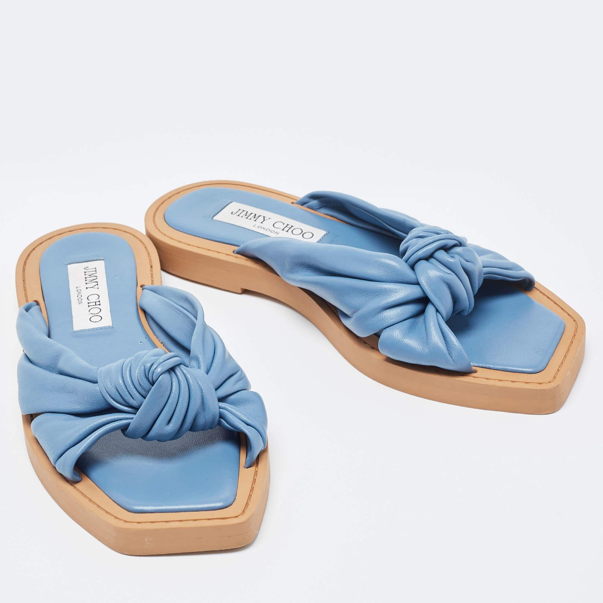 Gray Jimmy Choo Navy Blue Leather Bow Flat Slides Size 36