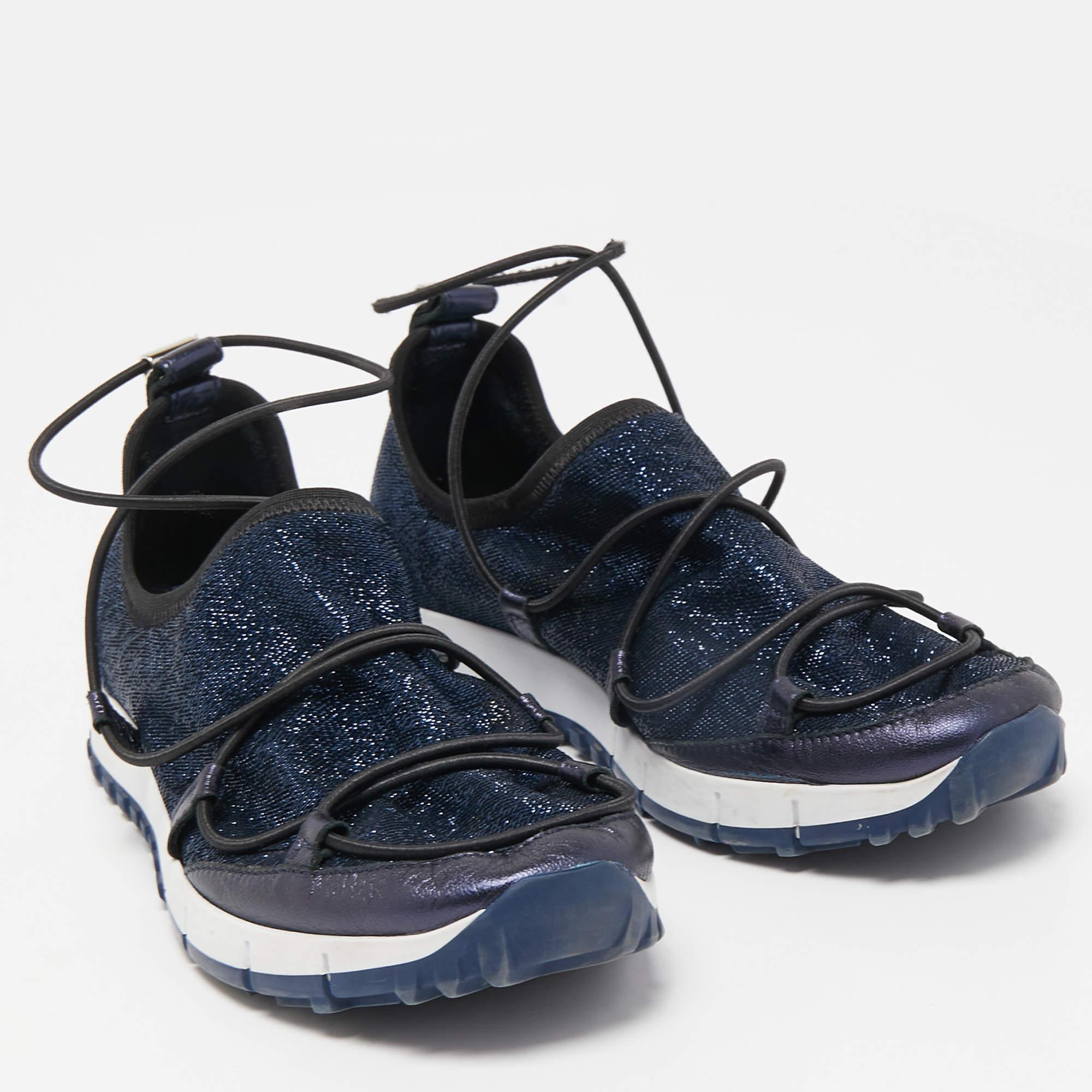 Jimmy Choo Navy Blue Lurex Fabric and Leather Andrea Sneakers Size 35 In Good Condition For Sale In Dubai, Al Qouz 2