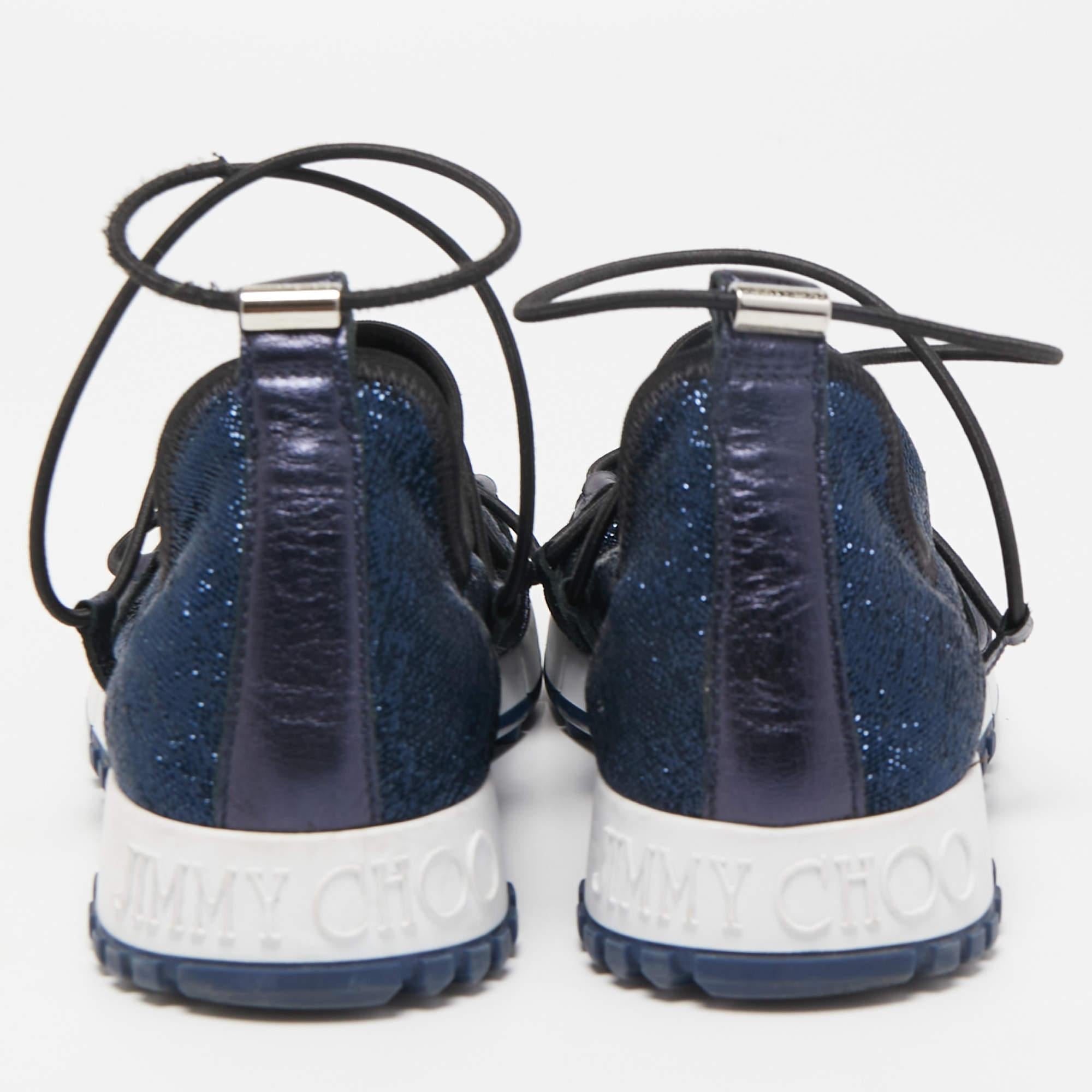 Women's Jimmy Choo Navy Blue Lurex Fabric and Leather Andrea Sneakers Size 35 For Sale