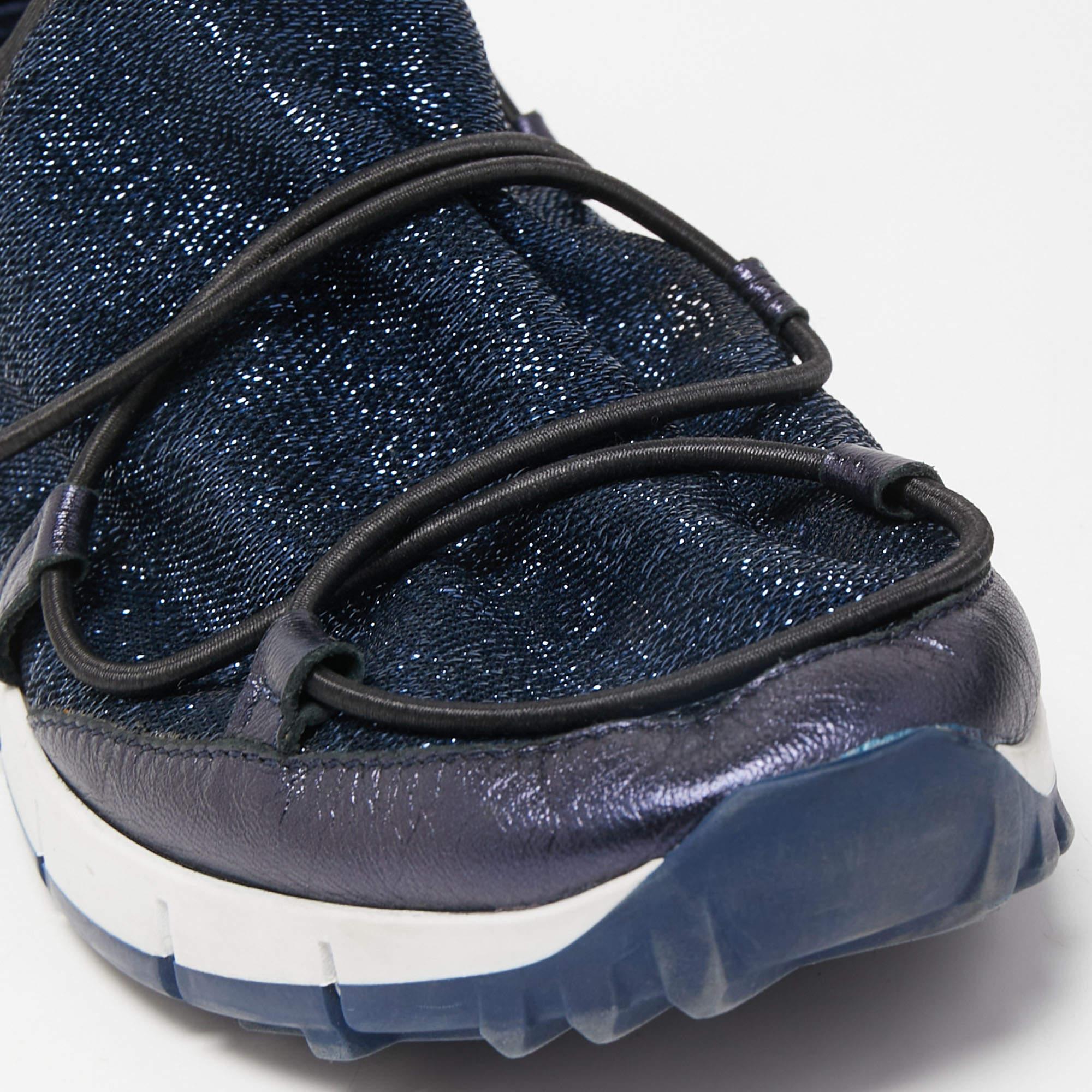 Jimmy Choo Navy Blue Lurex Fabric and Leather Andrea Sneakers Size 35 For Sale 2