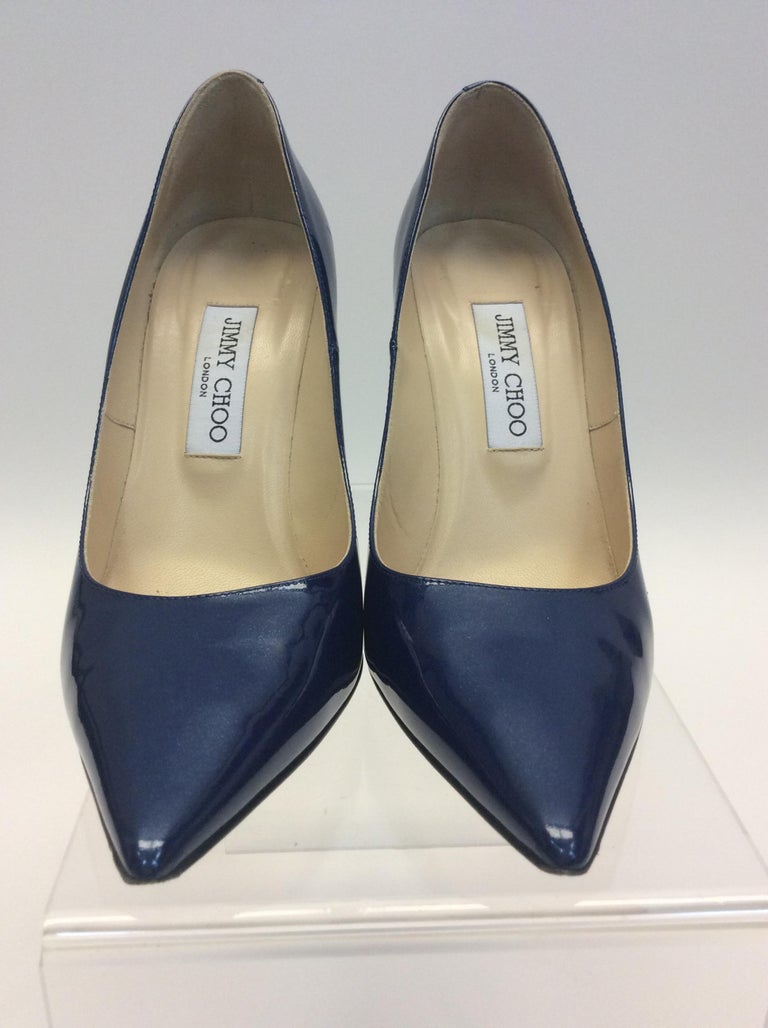 Jimmy Choo Navy Blue Patent Leather Heel For Sale at 1stDibs