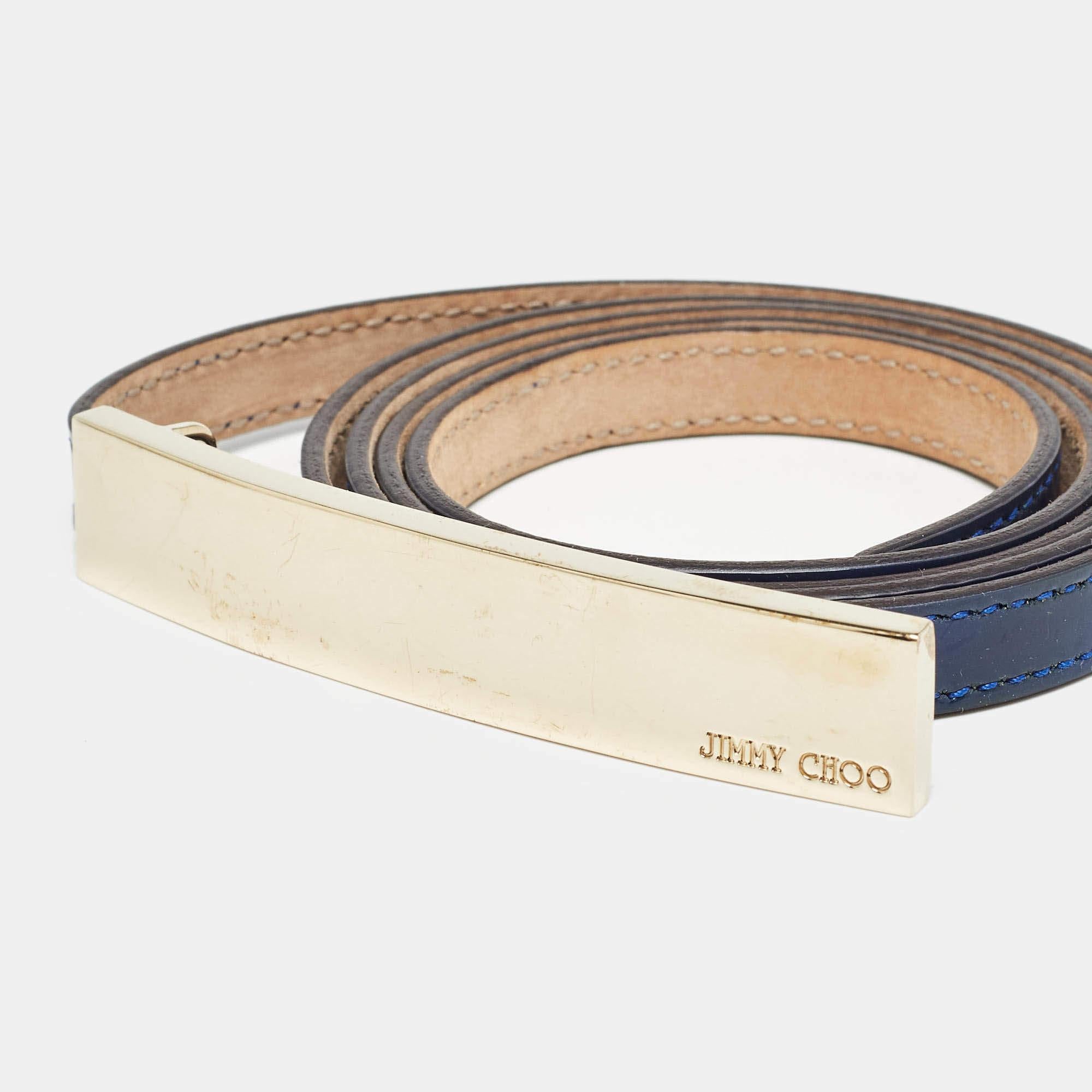 Beige Jimmy Choo Navy Blue Patent Leather Logo Metal Slim Waist Belt 90CM For Sale