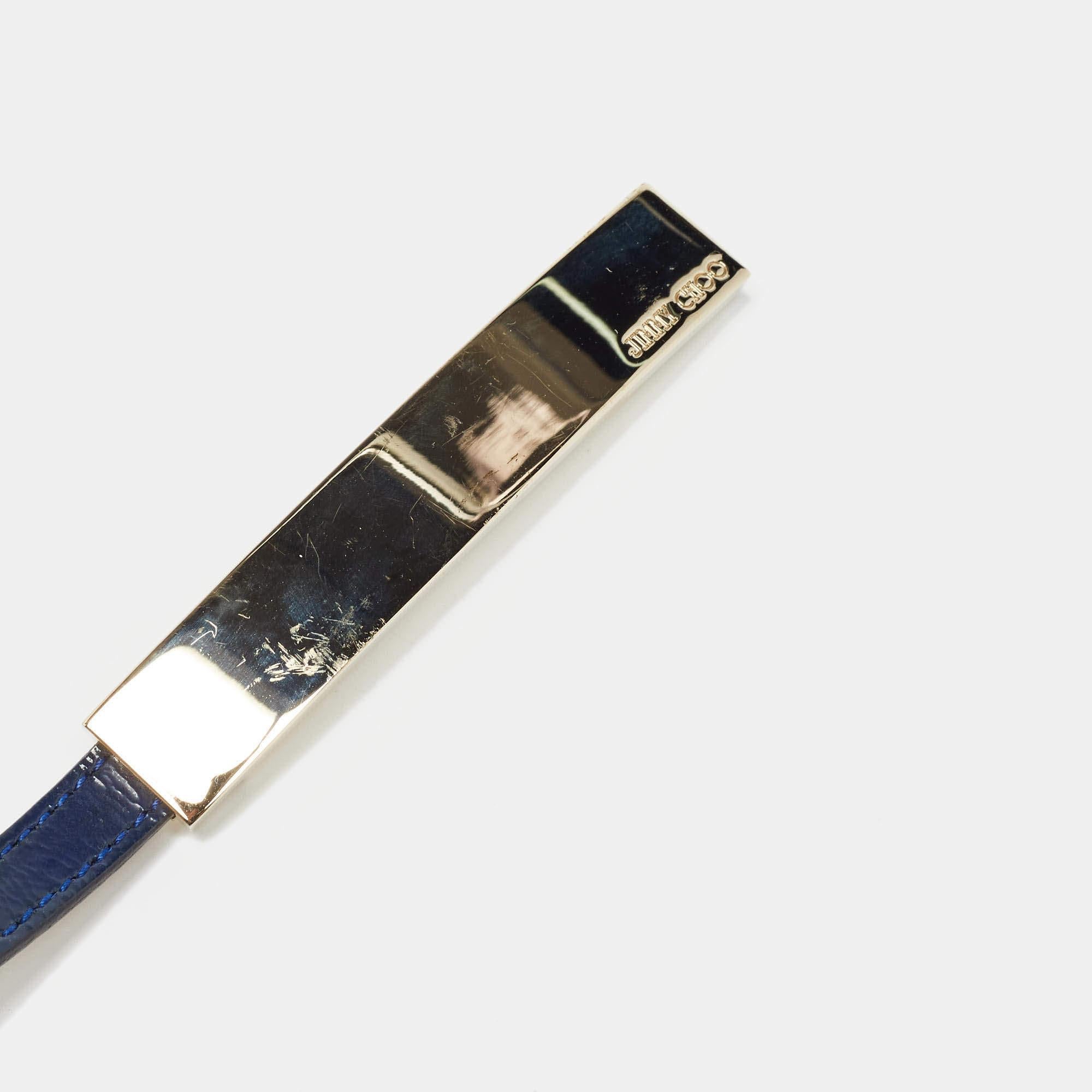 Jimmy Choo Navy Blue Patent Leather Logo Metal Slim Waist Belt 90CM In Good Condition For Sale In Dubai, Al Qouz 2