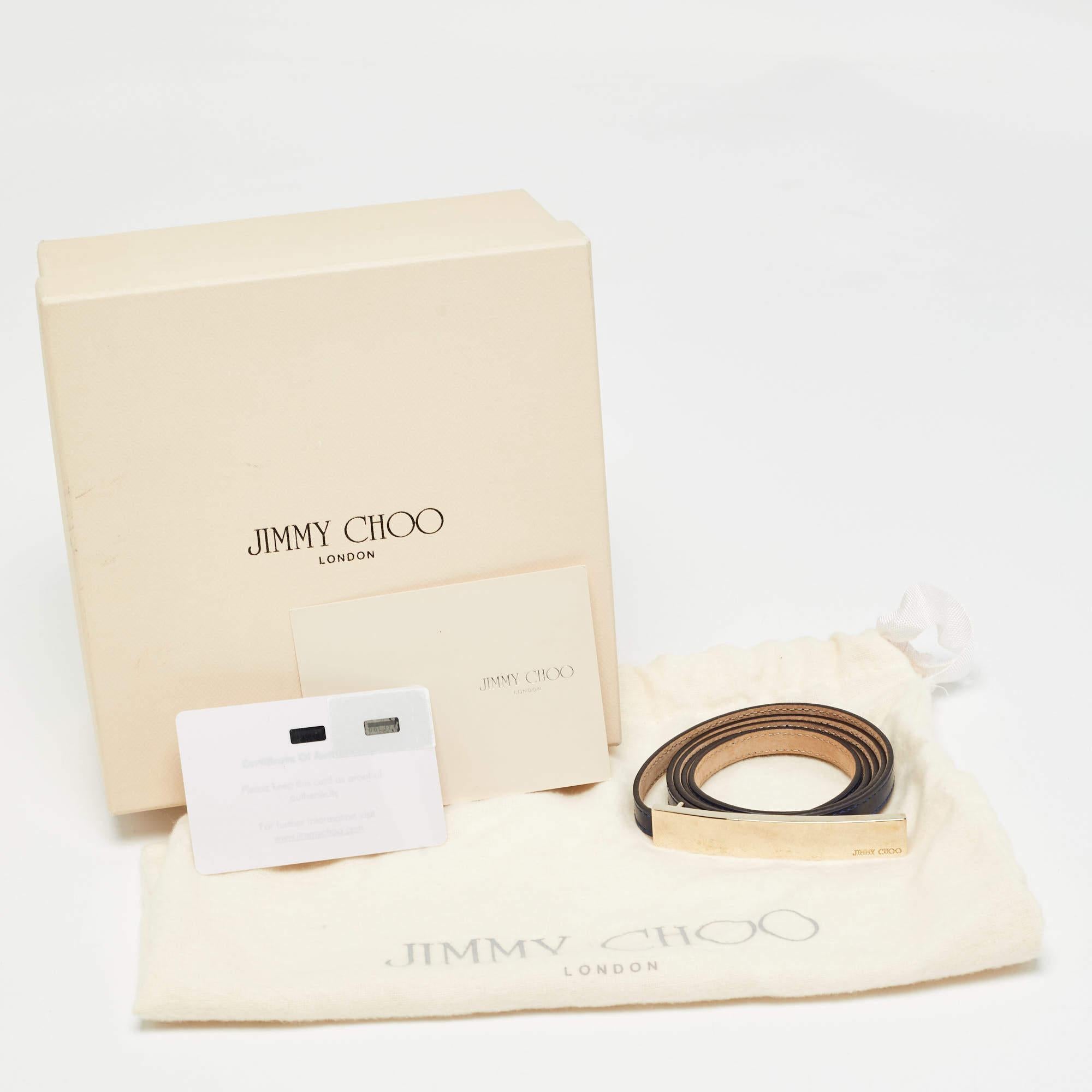 Jimmy Choo Navy Blue Patent Leather Logo Metal Slim Waist Belt 90CM For Sale 1