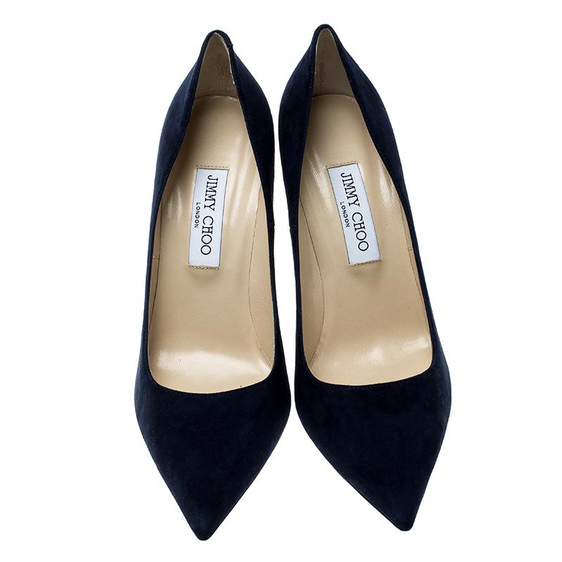 The leather on the inside provides a soft feel to the feet while the navy blue on the suede exterior looks classy. Experiment with your look by flaunting this Jimmy Choo pair that features pointed toes and 11.5 cm heels.

Includes: Original Box

