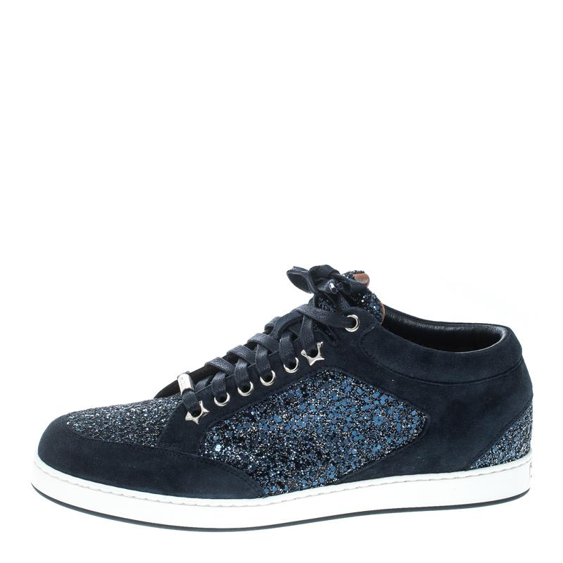 Black Jimmy Choo Navy Blue Suede and Glitter Miami Sneakers Size 39
