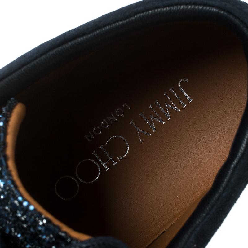 Jimmy Choo Navy Blue Suede and Glitter Miami Sneakers Size 39 In New Condition In Dubai, Al Qouz 2