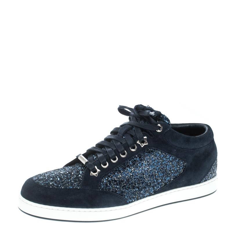 Jimmy Choo Navy Blue Suede and Glitter Miami Sneakers Size 39