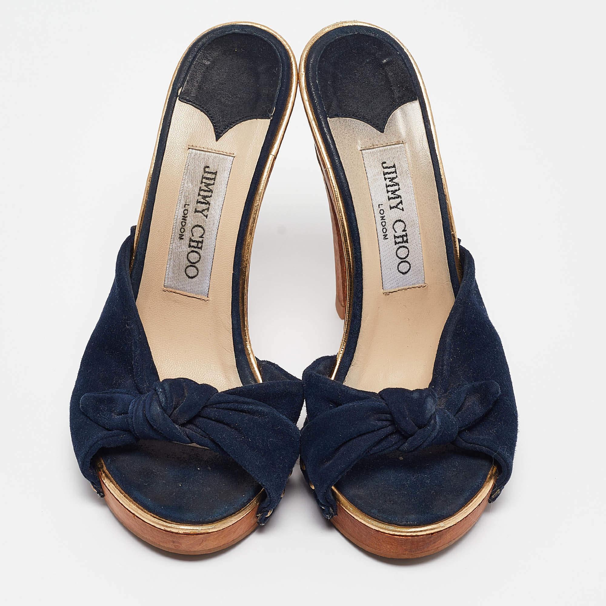 Noir Jimmy Choo Navy Blue Suede Bow Platform Slide Sandals Size 36 en vente