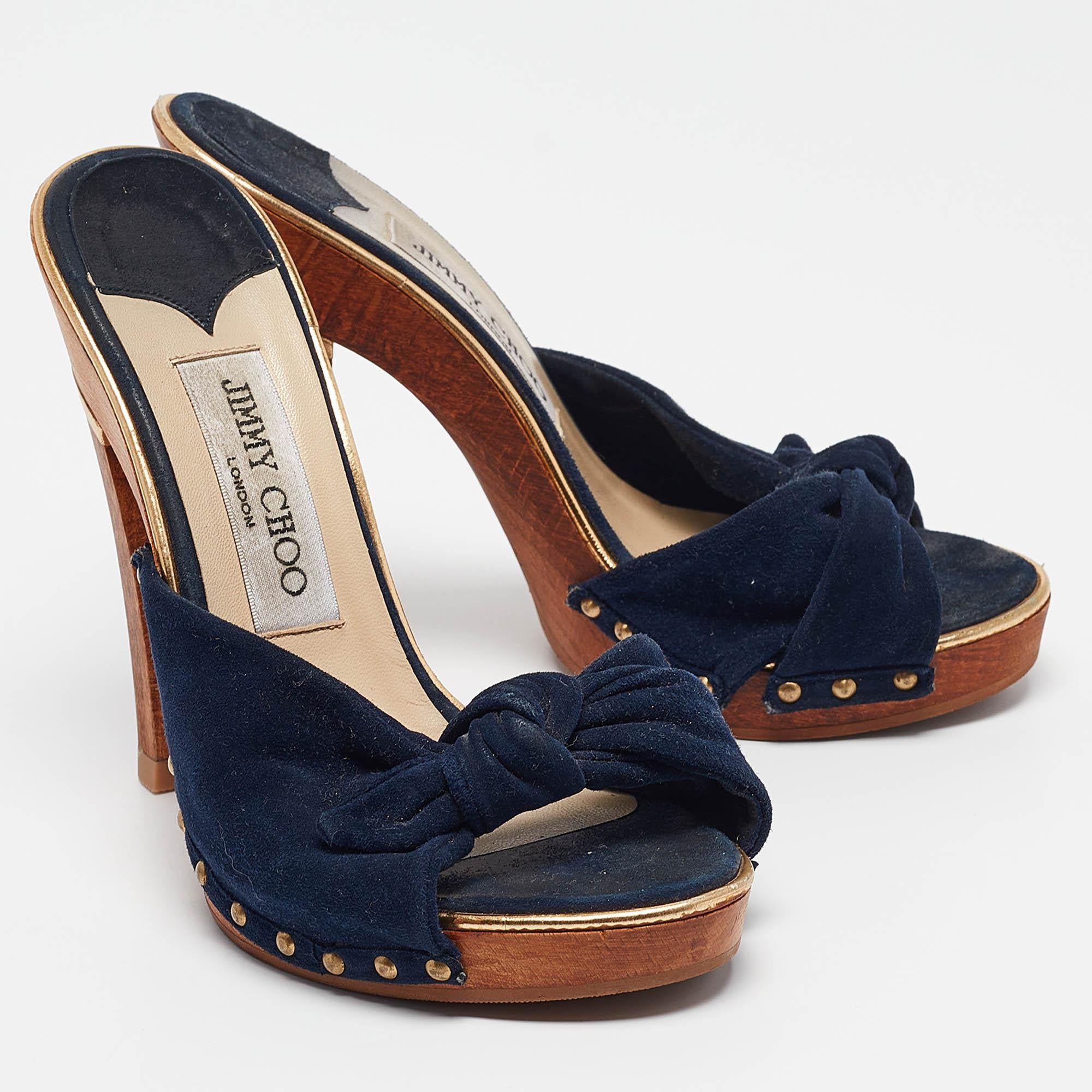 Jimmy Choo Navy Blue Suede Bow Platform Slide Sandals Size 36 Bon état - En vente à Dubai, Al Qouz 2