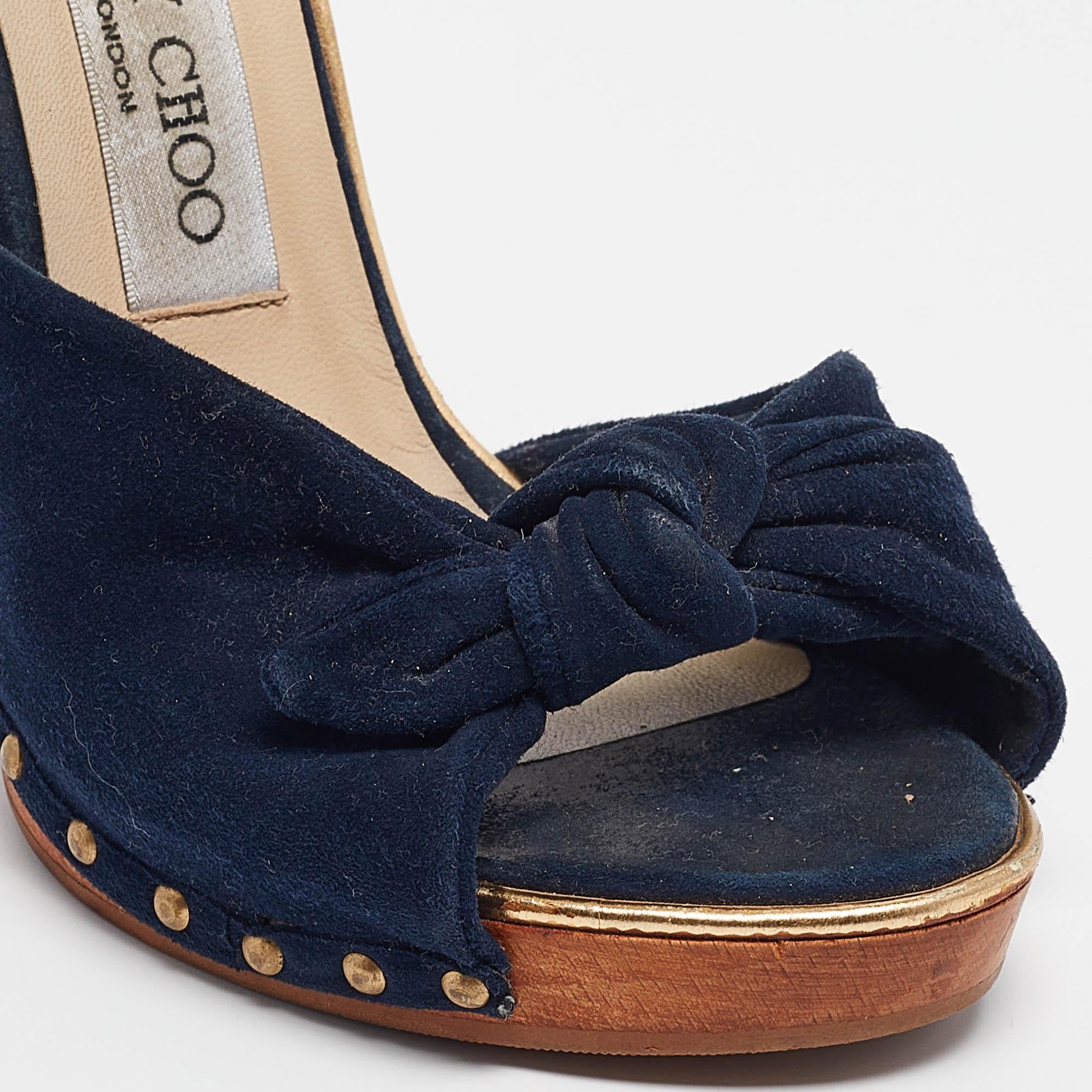 Jimmy Choo Navy Blue Suede Bow Platform Slide Sandals Size 36 en vente 2