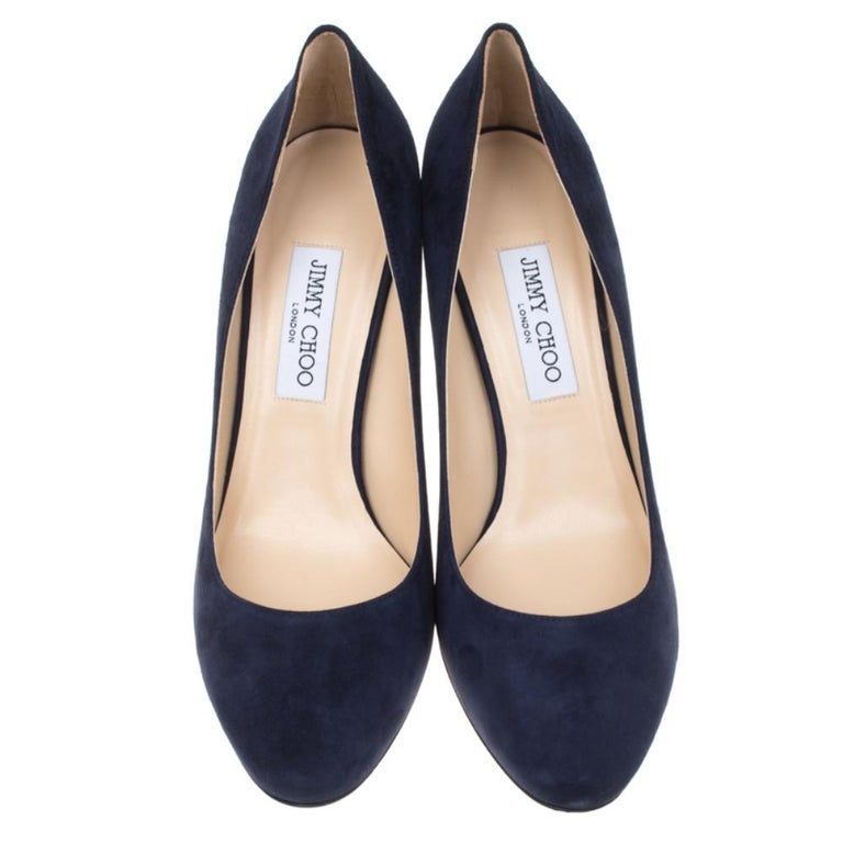 Jimmy Choo Navy Blue Suede Esme Almond Toe Pumps Size 41 For Sale at