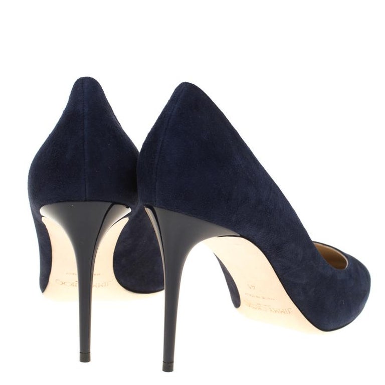 Jimmy Choo Navy Blue Suede Esme Almond Toe Pumps Size 41 For Sale at