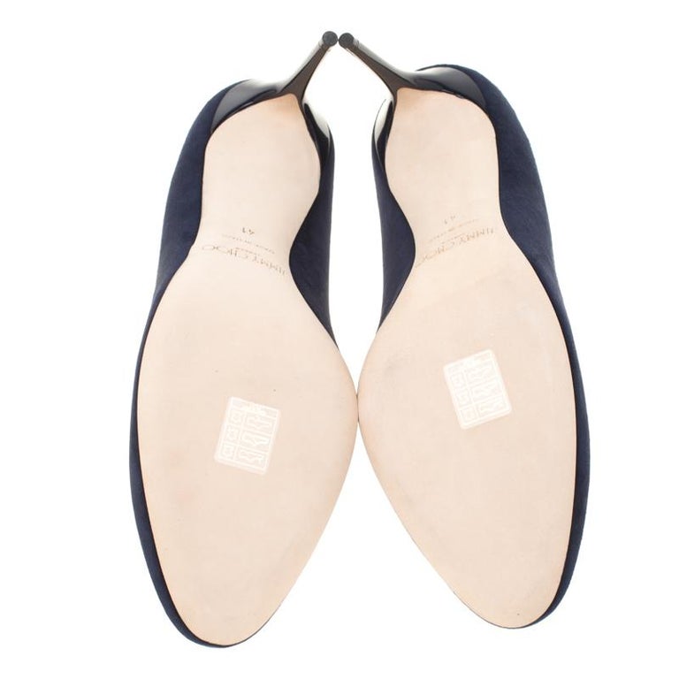 Jimmy Choo Navy Blue Suede Esme Almond Toe Pumps Size 41 For Sale at