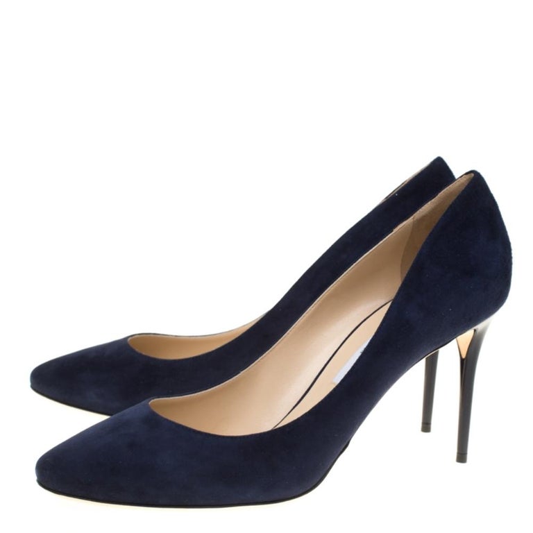 Jimmy Choo Navy Blue Suede Esme Almond Toe Pumps Size 41 For Sale at