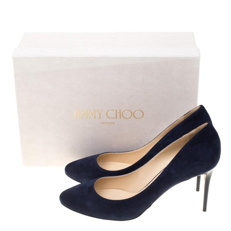 Jimmy Choo Navy Blue Suede Esme Almond Toe Pumps Size 41 For Sale at