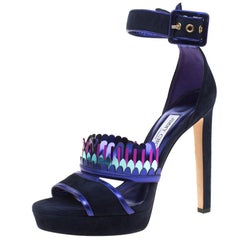 Jimmy Choo Marineblaue Kathleen Peep Toe Ankle Cuff Sandalen aus Wildleder Größe 36