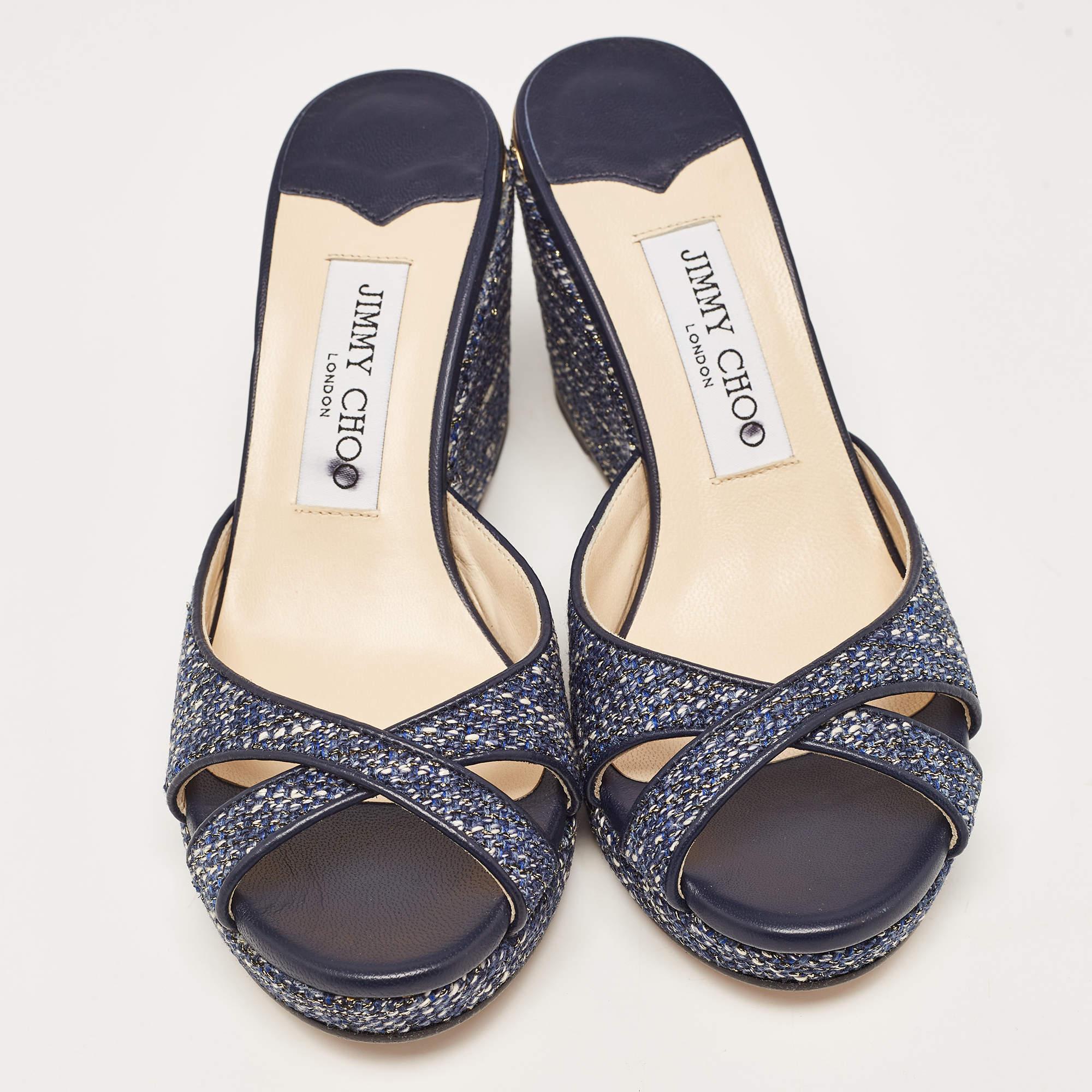 Jimmy Choo Navy Blue Tweed Almer Wedge Sandals Size 36 In Excellent Condition For Sale In Dubai, Al Qouz 2