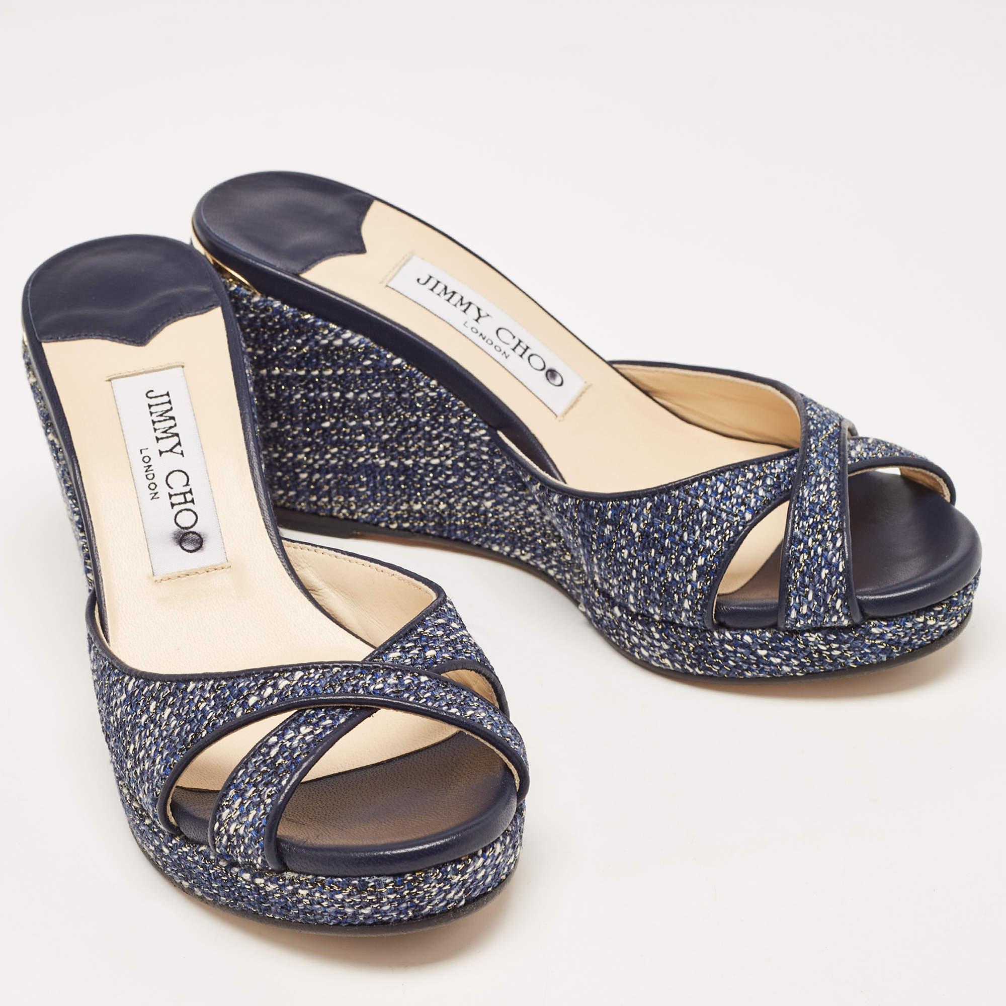 Jimmy Choo Navy Blue Tweed Almer Wedge Sandals Size 36 In New Condition For Sale In Dubai, Al Qouz 2