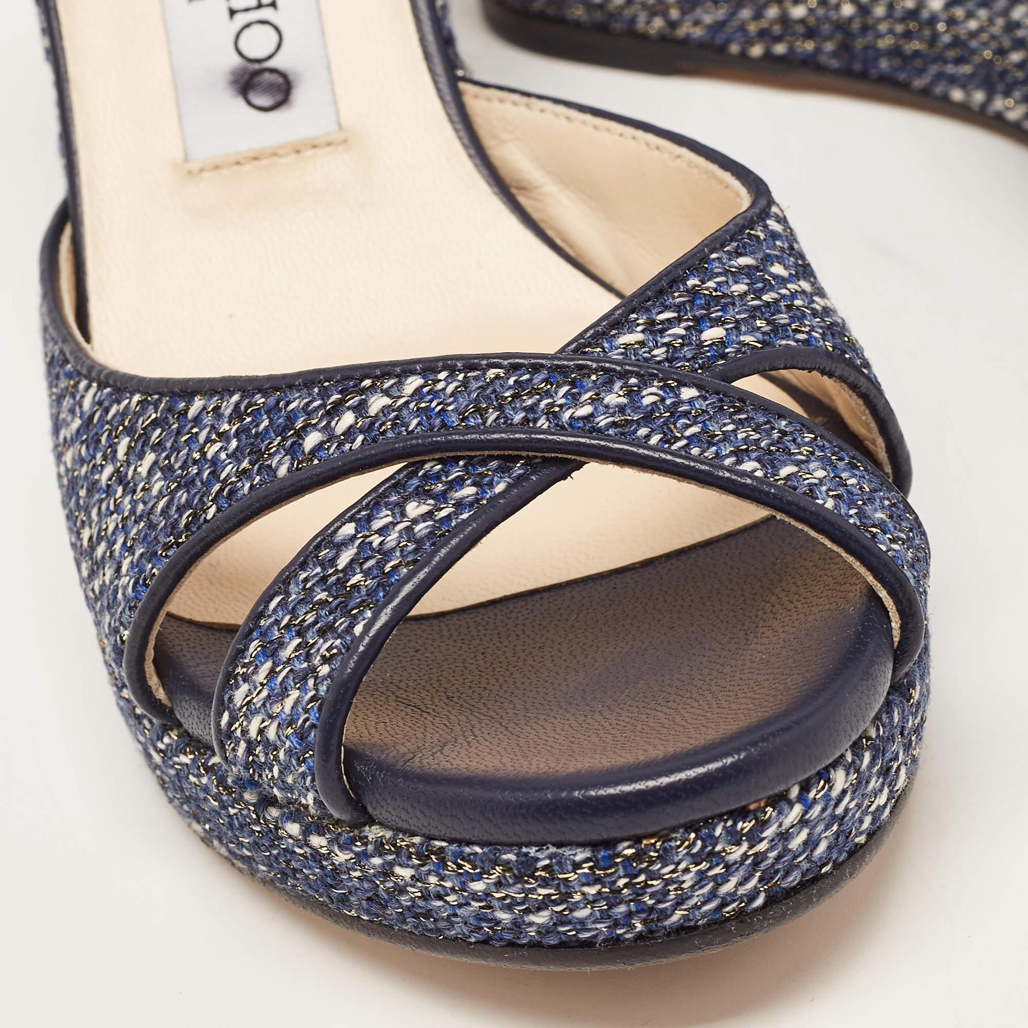 Women's Jimmy Choo Navy Blue Tweed Almer Wedge Sandals Size 36 For Sale