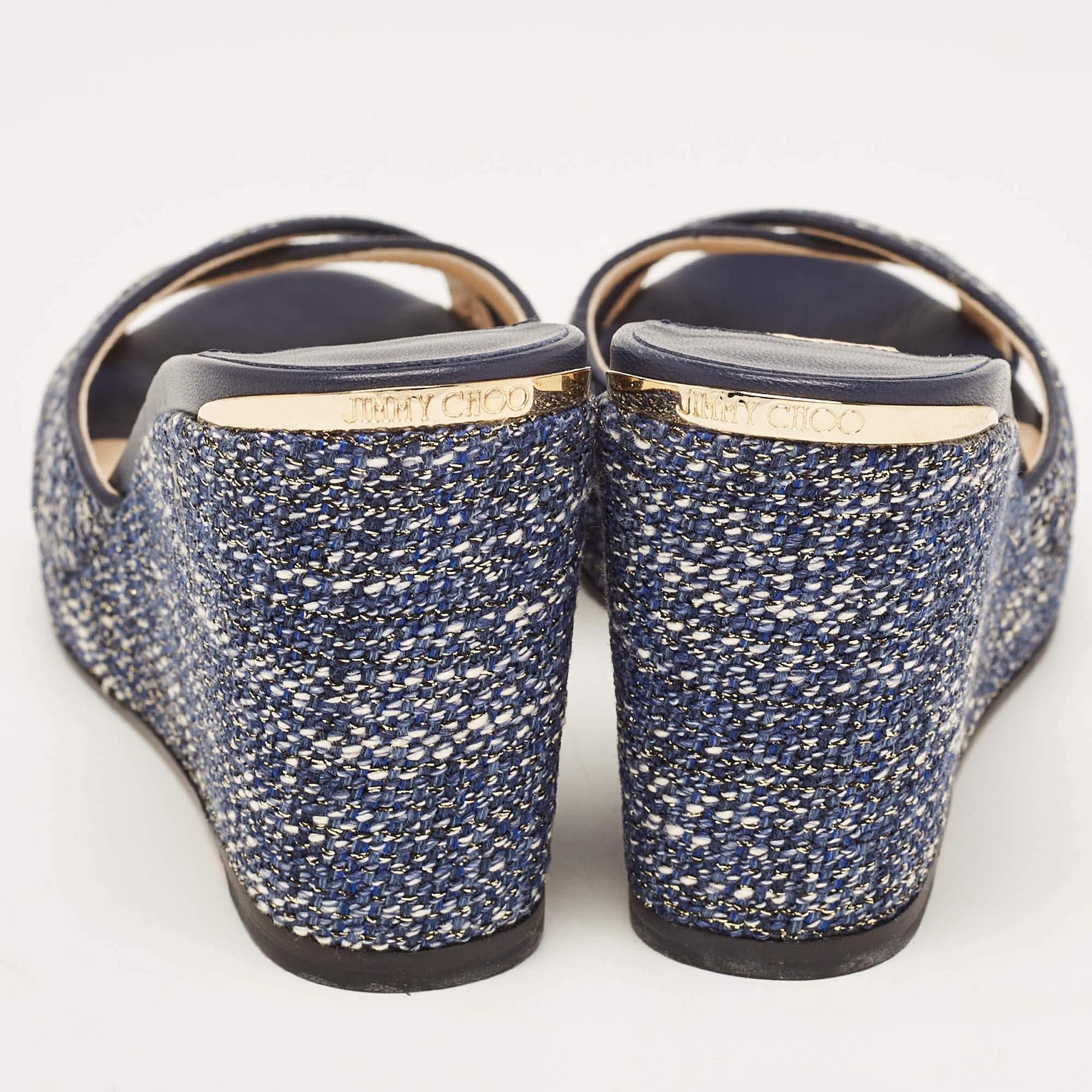 Jimmy Choo Navy Blue Tweed Almer Wedge Sandals Size 36 For Sale 1