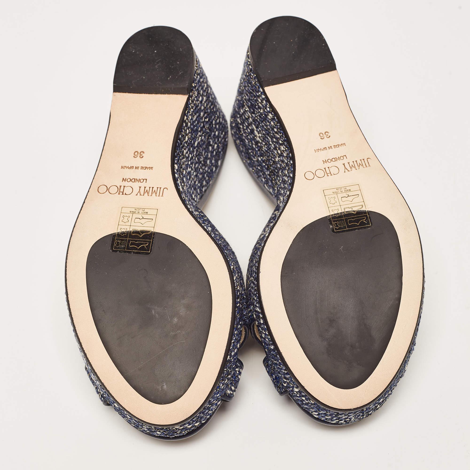 Jimmy Choo Navy Blue Tweed Almer Wedge Sandals Size 36 For Sale 3