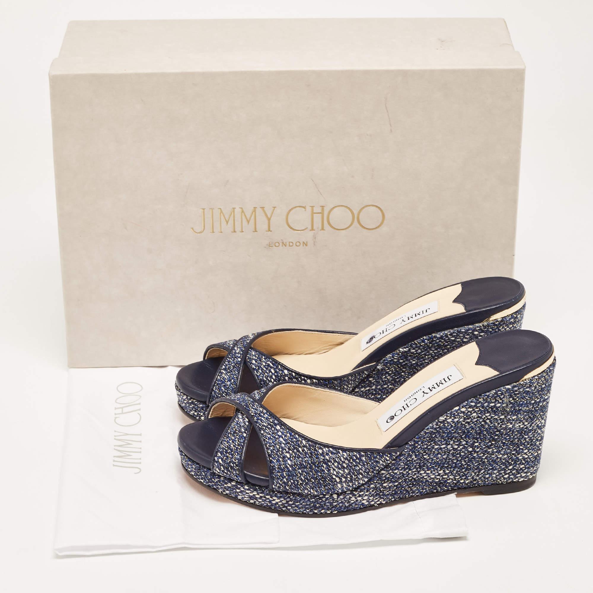Jimmy Choo Navy Blue Tweed Almer Wedge Sandals Size 36 For Sale 5