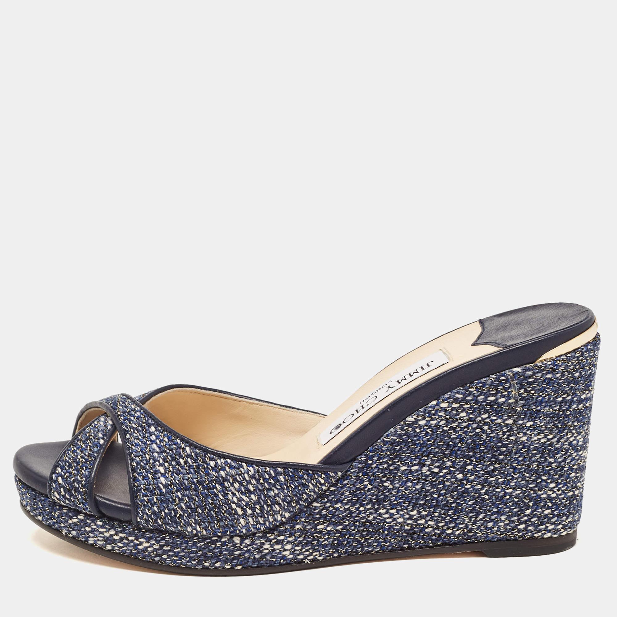 Jimmy Choo Navy Blue Tweed Almer Wedge Sandals Size 36 For Sale at