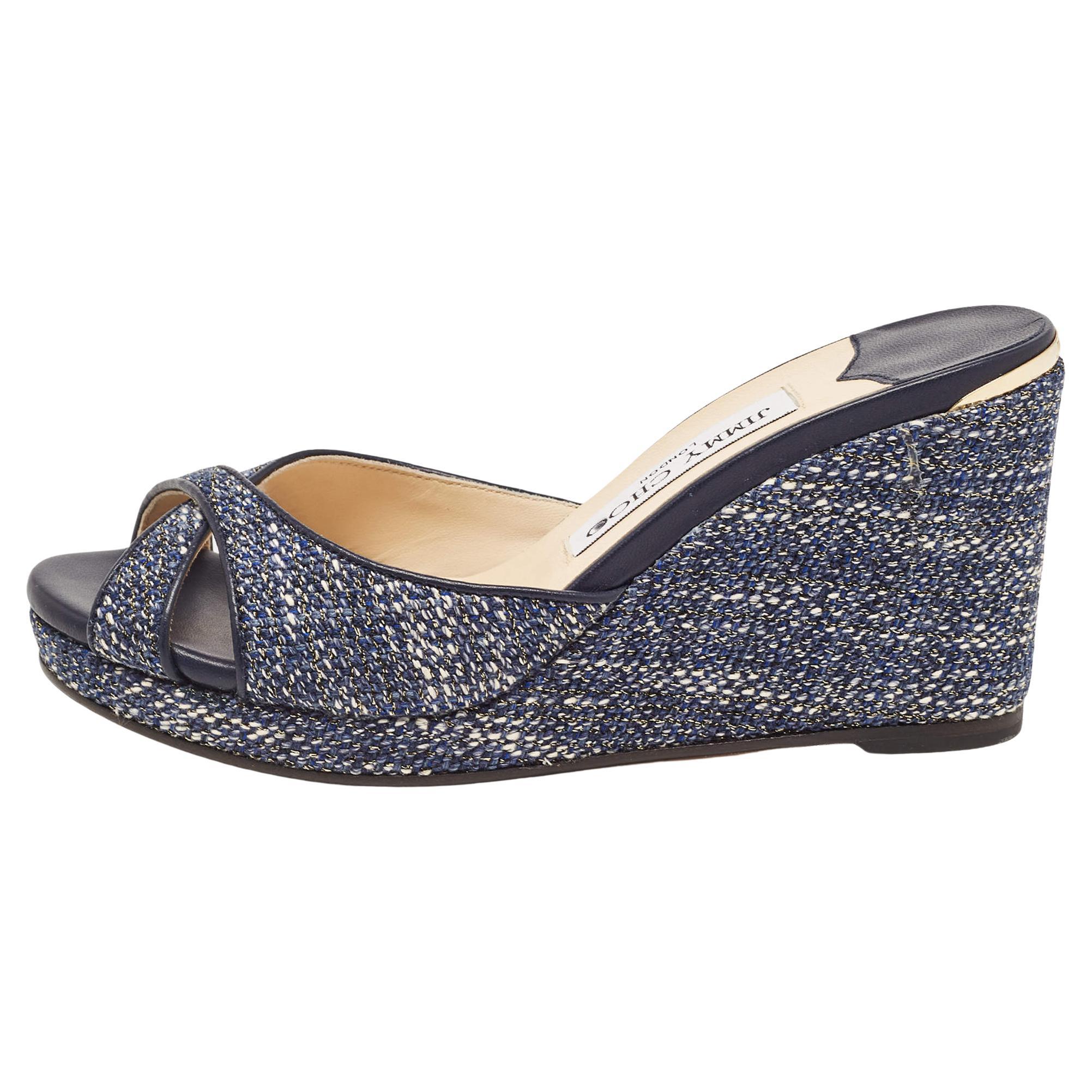 Jimmy Choo Navy Blue Tweed Almer Wedge Sandals Size 36 For Sale