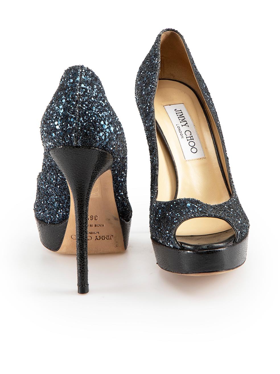 Jimmy Choo Navy Glitter Peep Toe Platform Heels Size IT 36.5 In Excellent Condition For Sale In London, GB