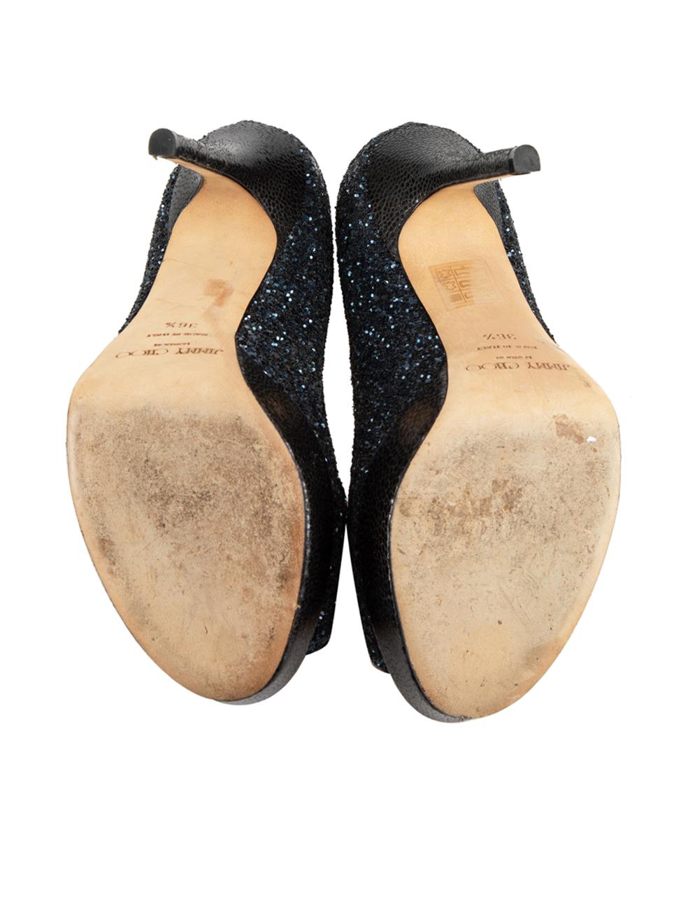 Women's Jimmy Choo Navy Glitter Peep Toe Platform Heels Size IT 36.5 For Sale